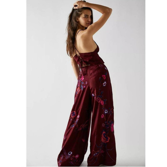 New Free People FP x Anna Sui Poppy Embroidered Pants Set $298 SIZE 2 Wine Silky - Picture 6 of 6